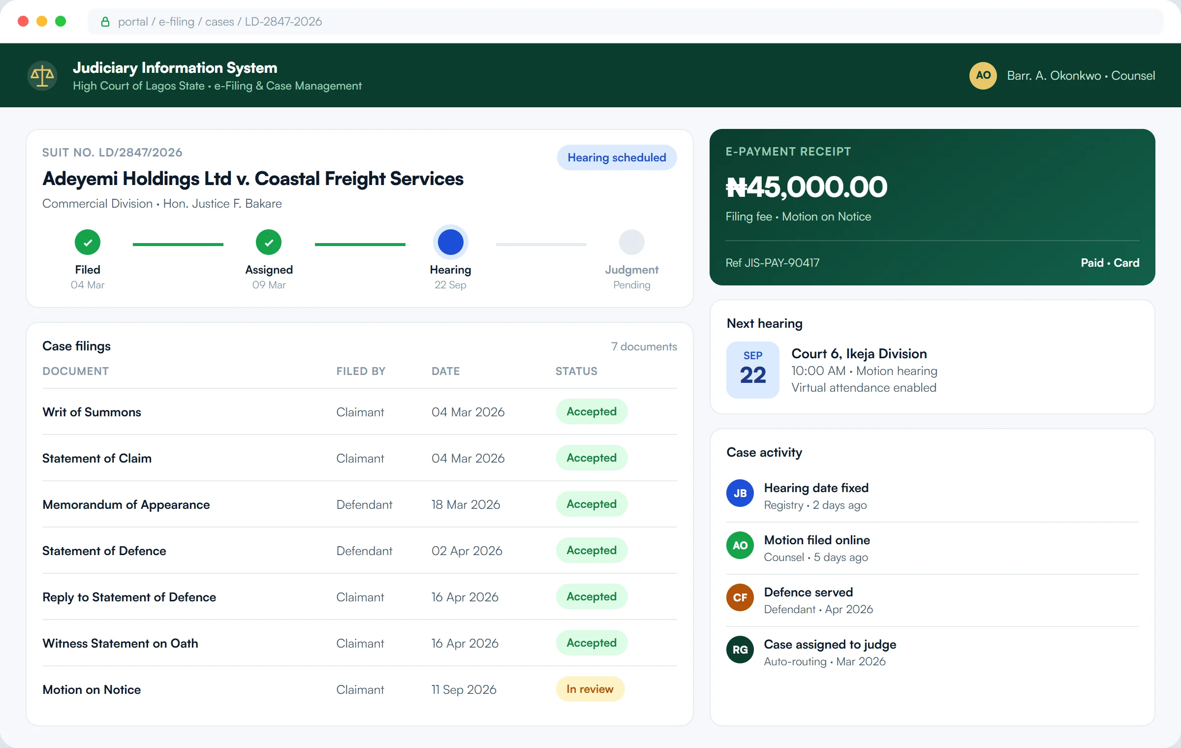 Judiciary Information System case page with filings, payment receipt and hearing date